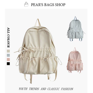 Pearsbags กระเป๋าสะพายคู่ ความจุขนาดใหญ่ น่ารัก โบว์ โรงเรียน สีทึบ กระเป๋าสวย