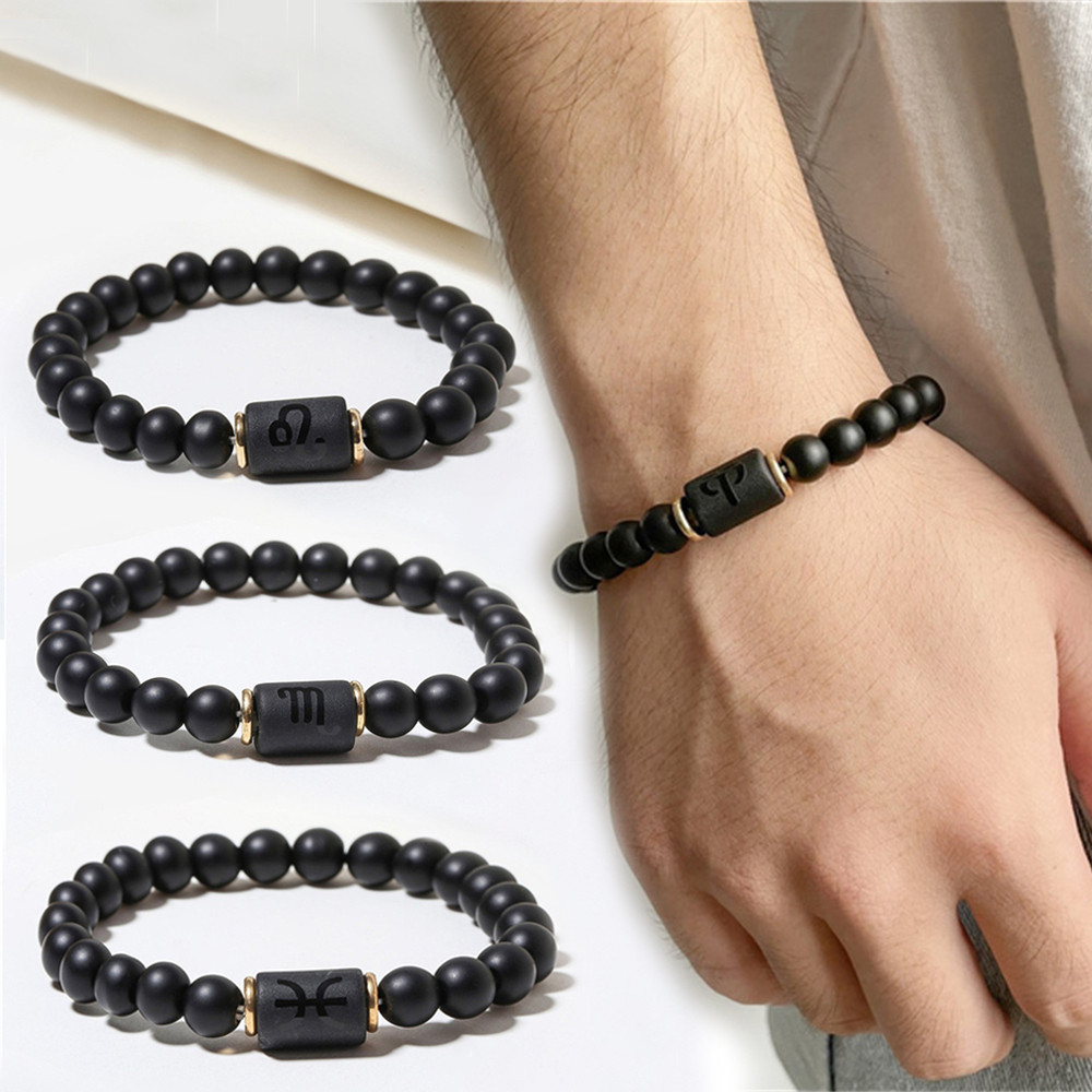 12กลุ่มดาวราศีลูกปัดคู่สร้อยข้อมือธรรมชาติสีดํานิลหินยืดหยุ่นเสน่ห์สร้อยข้อมือสําหรับผู้หญิงผู้ชายของขวัญวันเกิด