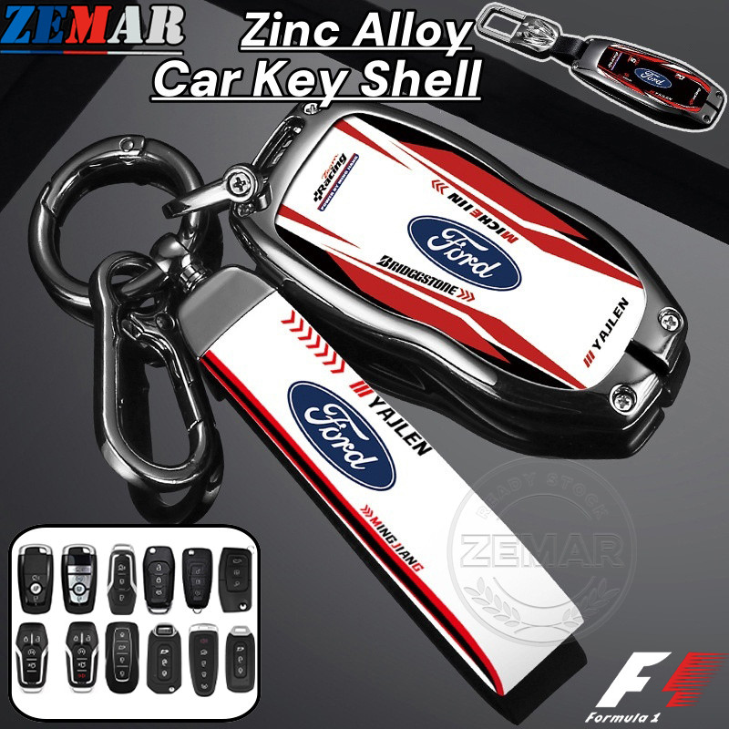 Ford สไตล์รถแข่ง ฝาครอบกุญแจโลหะผสมสังกะสี เคสป้องกันสมาร์ทคีย์ เคสกุญแจรถยนต์ พวงกุญแจรถยนต์ พวงกุญแจ อุปกรณ์เสริมรถยนต์ Ford Ranger Raptor Everest Fiesta Focus Mustang Escape Ecosport STI