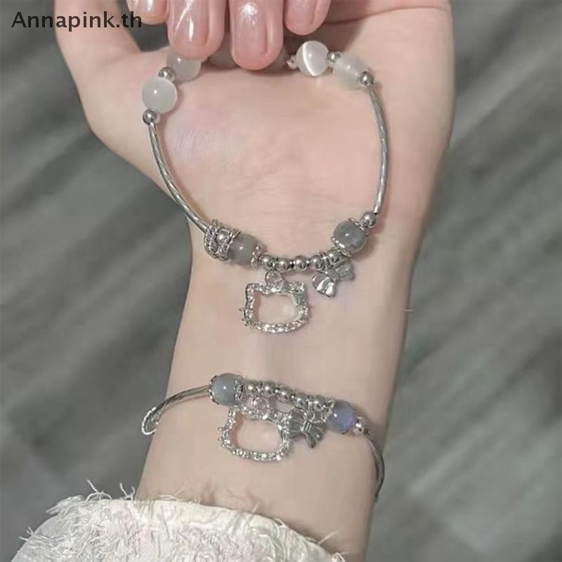 Ank Sanrio Hello Kitty Y2K สร้อยข้อมือ Bow Knot อะนิเมะ Kawaii My Melody เงิน Moonlight หินผู้หญิงสาวเครื่องประดับอุปกรณ์เสริมของขวัญ EN