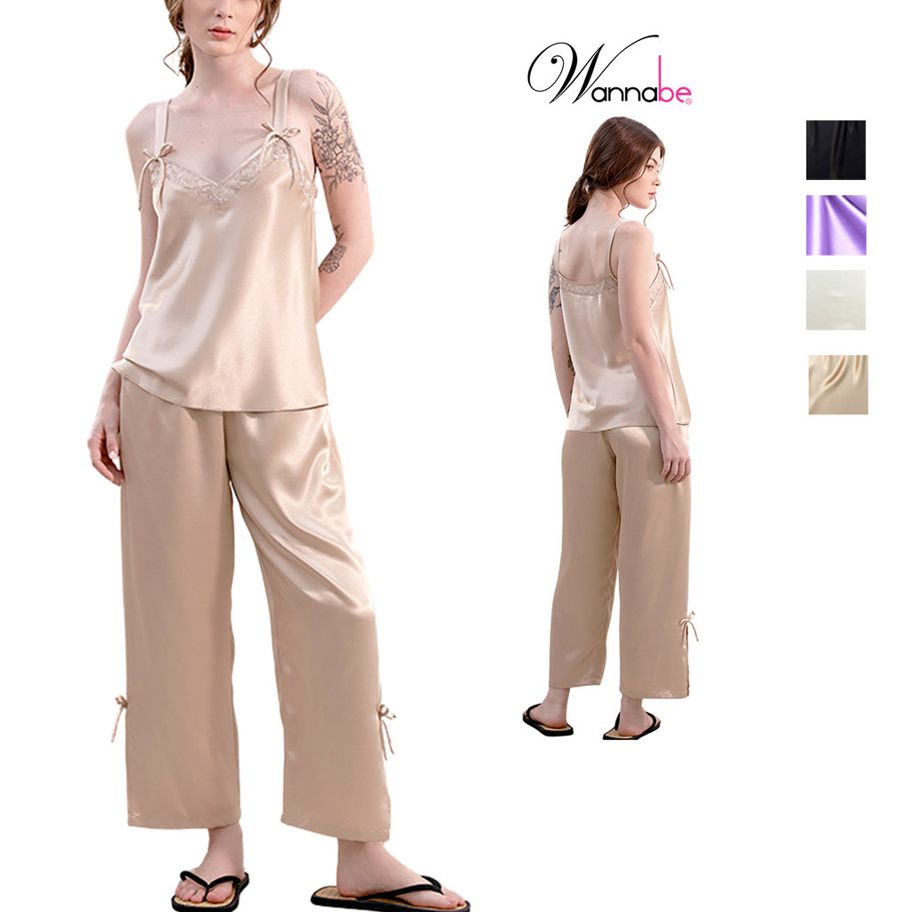 อยากเบ ชุดใส่อยู่บ้านผู้หญิงกางเกงเปิดไหล่ 2 ซม. และเสื้อมีโบว์น่ารักและคอปกลูกไม้รูปตัว ม BDS54