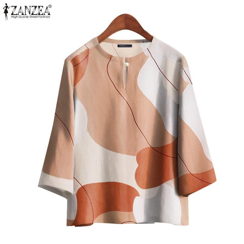 ZANZEA ซานเซีย ผู้หญิงเกาหลีฤดูใบไม้ผลิฤดูใบไม้ร่วงยืนปก3/4แขนโคมไฟเย็บปักถักร้อยพิมพ์สีทึบเสื้อ
