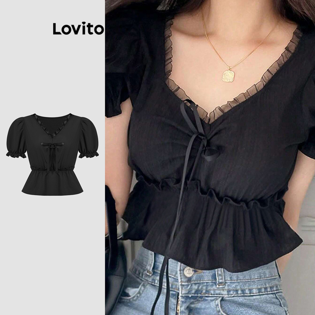 Lovito ฤดูร้อนสบายๆ/ฤดูใบไม้ผลิเสื้อนัวเนียคอเหมโบว์พัฟแขนเสื้อสําหรับผู้หญิง L117AD043