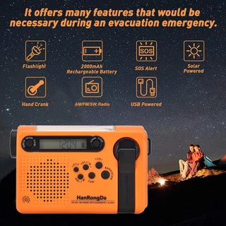 Hanrongda วิทยุฉุกเฉินกลางแจ้งแบบพกพา AM FM SW วิทยุพลังงานแสงอาทิตย์ Hand Crank พร้อมไฟฉาย LED 2000mAh แบตเตอรี่ SOS Alarm