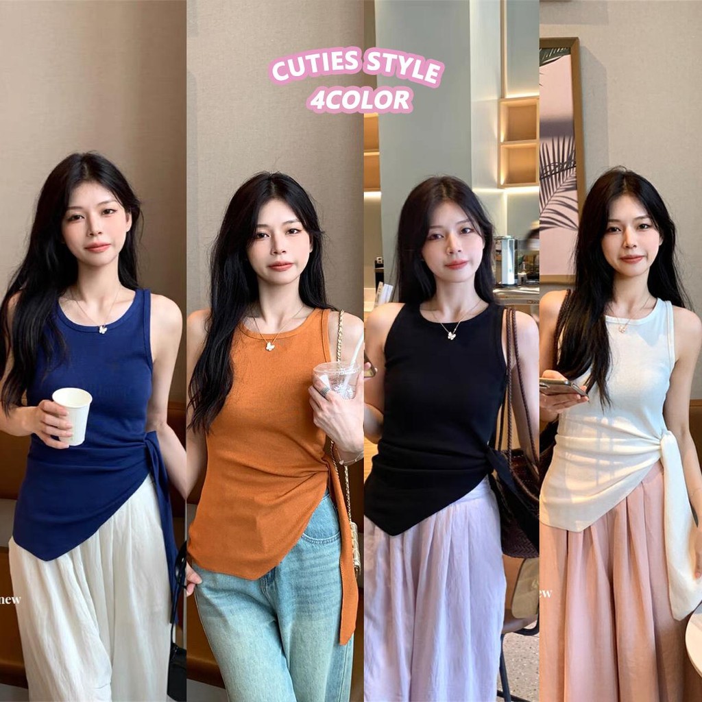 Anna เสื้อยืดผู้หญิง เสื้อยืดแขนกุดคอกลมทรงผิดปกติ ผูกข้าง ช่องผ่าด้านข้าง สวมใส่สบาย ดีไซน์สวยงาม #X035