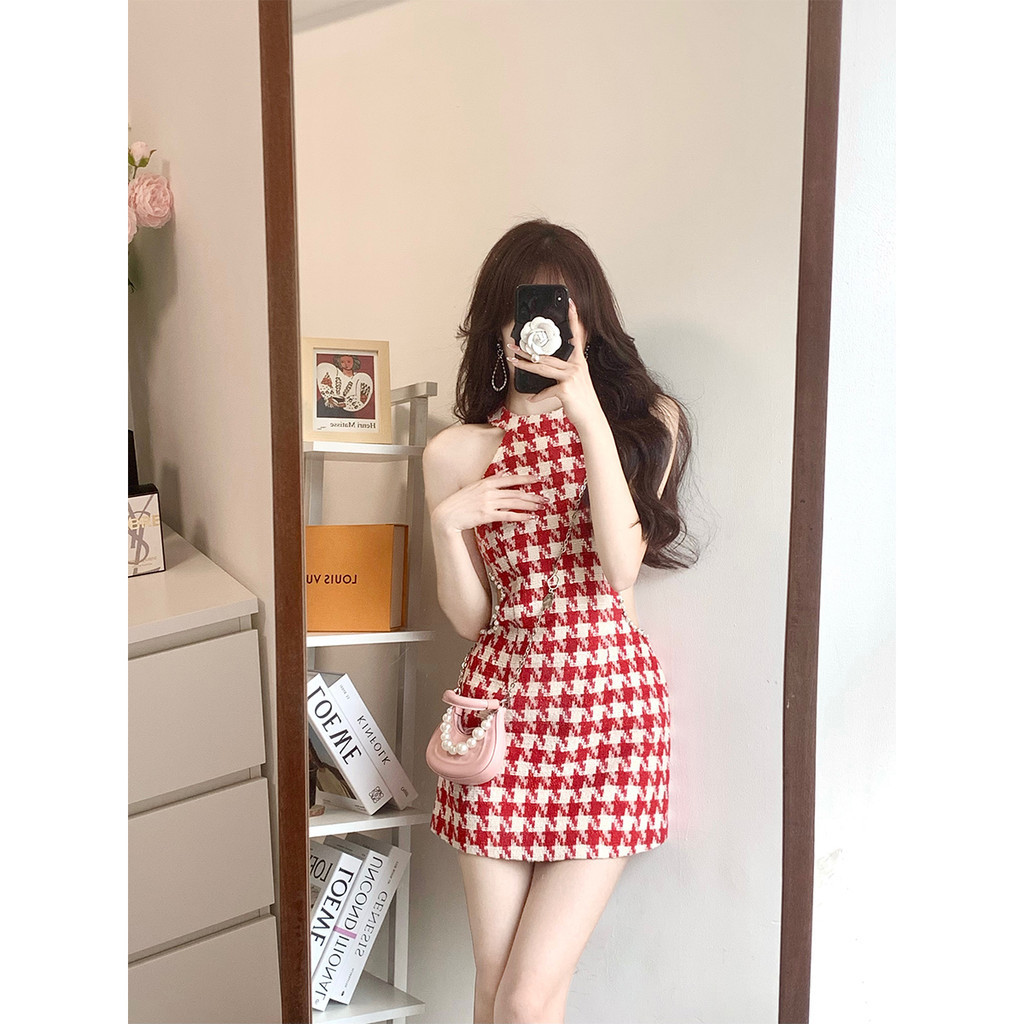 ชุดเดรสสีแดงลายฮาวด์สทูทแบบคล้องคอ RSGG ดีไซน์เฉพาะตัว เอวประดับคริสตัล ชุดสังคมสไตล์กำมะหยี่ YVM9 1