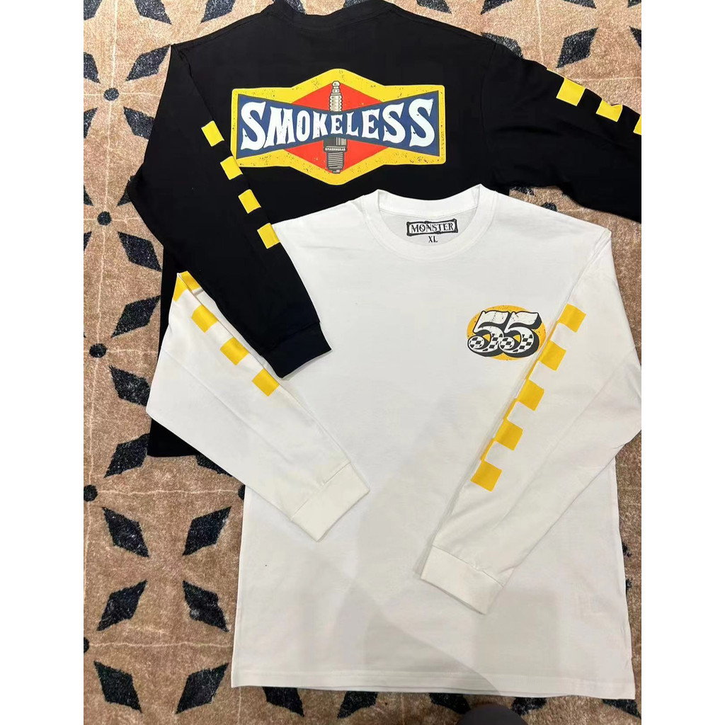 พร้อมส่ง 100% เสื้อยืดแขนยาวสีดําสีเหลือง Checkerboard Retro รถจักรยานยนต์หัวเทียนผ้าฝ้ายแท้ Mo