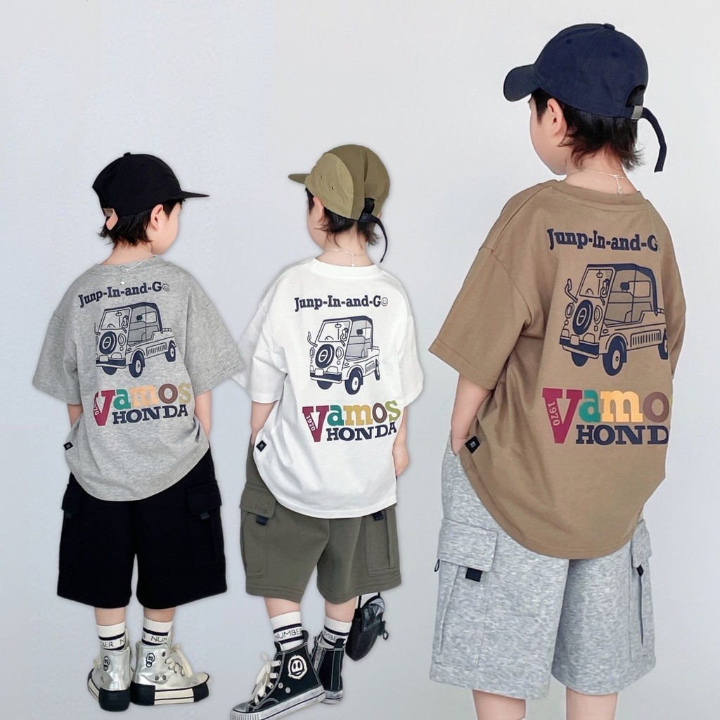 ผ้าฝ้าย 100% หลวมแขนสั้นรถพิมพ์เสื้อยืดสไตล์เกาหลีแฟชั่นท็อปส์เด็กฤดูร้อนสวมใส่