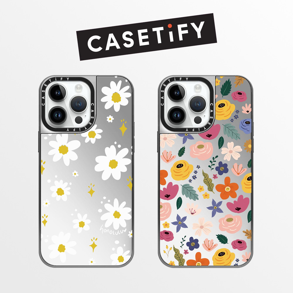Drop proof ขอบเงิน CASETIFY กระจกเคสโทรศัพท์สําหรับ iPhone 16promax 16pro Plus 15promax 15pro 14promax 13 13promax ดอกไม้น่ารักเคสแข็งสําหรับ iPhone 11 กรณีคุณภาพสูง