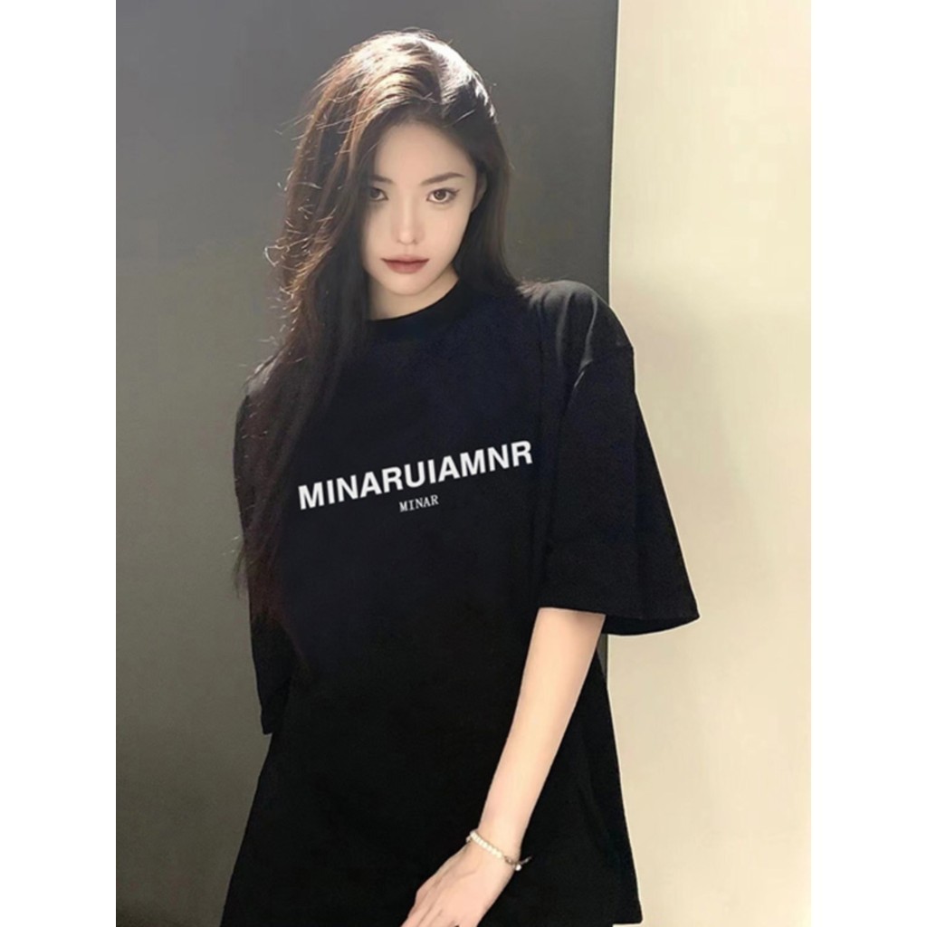 COD MAO Shop ผ้าฝ้ายสีดำแขนสั้นเสื้อยืดผู้หญิงไหล่บวกฤดูร้อนใหม่พอดีหลวม oversize สไตล์อเมริกันวินเทจลำลองด้านบน