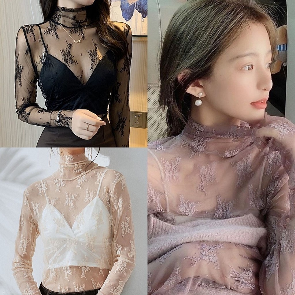 ราคาถูกที่สุด เสื้อซีทรูแขนยาวคอสูง ลายลูกไม้ 5 สี ขอบตัด