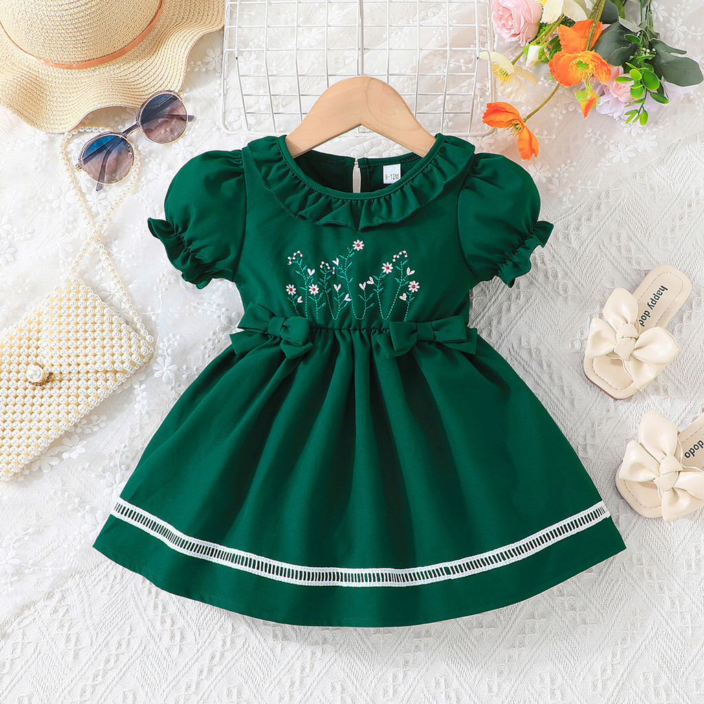​​ชุดเดรสทารกหญิง 0-2 ขวบ ปักดอกไม้นูน สีเขียวขวดปลอดภัย สำหรับวันคริสต์มาสและปีใหม่​​