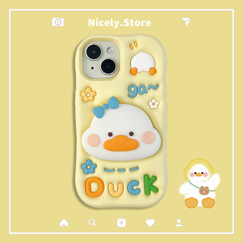 เคสโทรศัพท์มือถือ ซิลิโคน กันกระแทก ลายการ์ตูนเป็ดน่ารัก พร้อมขาตั้ง สําหรับ iPhone 15 14 13 12 Pro Max 11 14Promax