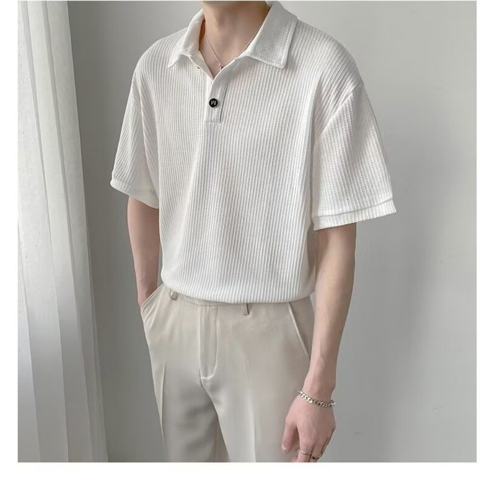 เสื้อโปโลชาย แขนสั้น สีขาว สไตล์เกาหลี สําหรับผู้ชาย