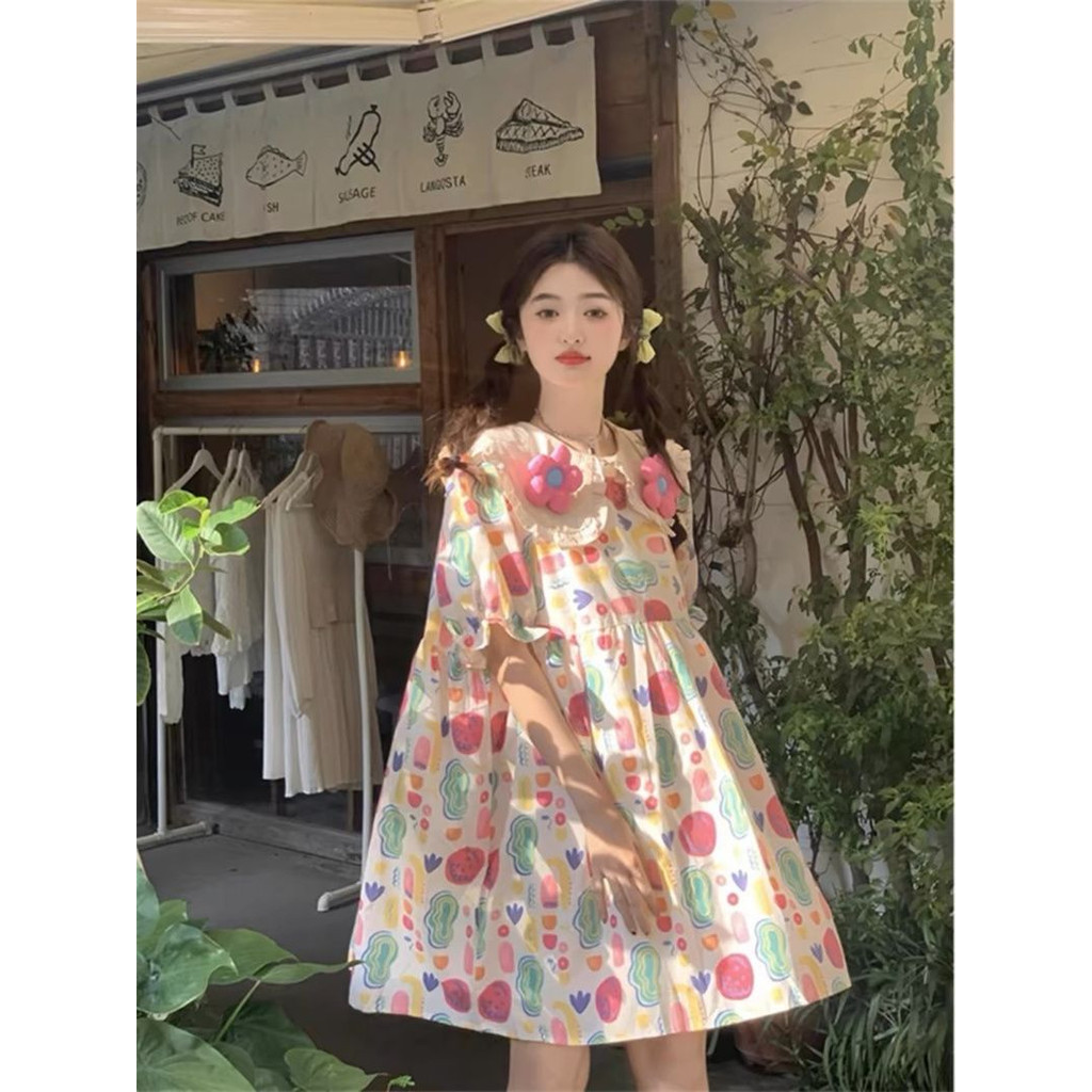 สไตล์เกาหลีน่ารักหวานลดอายุชุดหลวมปกท้องฤดูร้อนสไตล์ใหม่สามมิติดอกไม้ตุ๊กตากระโปรงหญิงการแข่งขันของฉันนอก โอ้
