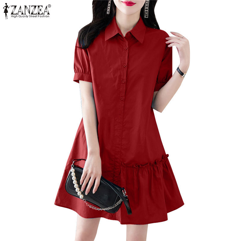 Zanzea ผู ้ หญิงเกาหลีปกแขนสั ้ น Frayed Pleats Patchwork สีการปิดกั ้ นเสื ้ อ
