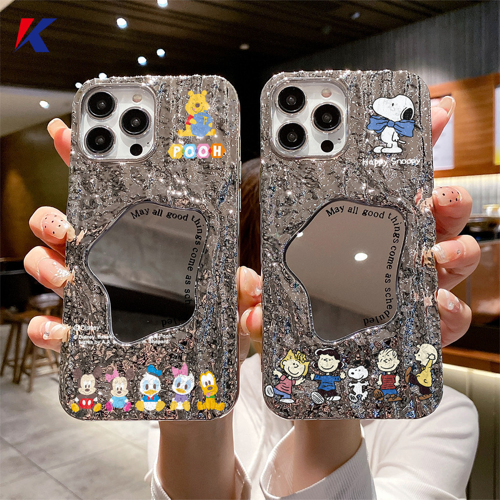 การ ์ ตูนน ่ ารัก Winnie Snoopy กรณี Compatibel สําหรับ IPhone 14 11 12 13 15 PRO MAX 6 7 6S 8 14 15 Plus XR XS MAX 6SPlus 7Plus 6Plus 8Plus 14Plus 15Plus XSMAX SE 2020 Rock Grain ริ ้ วรอยกระจกซิลิโคนกรณี