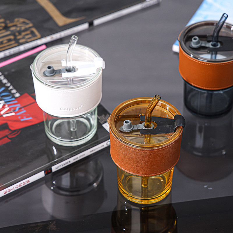 แก้วน้ำ 400ml แก้วกาแฟ สไตล์มินิมอล พร้อมหลอด ฝาปิด ปลอกซิลิโคนกันร้อน พกพาสะดวก