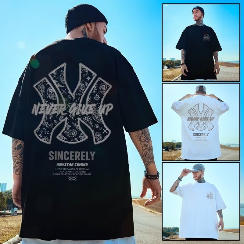 【M-4XL】เสื้อยืดโอเวอร์ไซส์พิมพ์แนวโน้มแฟชั่นผู้ชาย Mew ฤดูร้อนใหม่เส้นรอบคอแขนสั้นสไตล์คาชูอลวิเทจพั