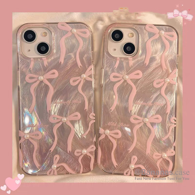 Iphone 15 14 13 12 11 Pro Max X Xr Xs Max 7 8 Plus SE2020 เคสโทรศัพท ์ สีชมพู Pearl Bow Clear Soft ฝาครอบโทรศัพท ์