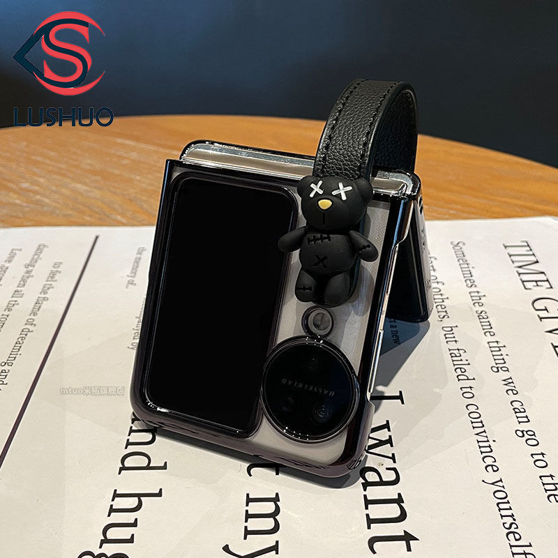 Lushuo เคสโทรศัพท์สําหรับ OPPO ค้นหา n3 N2 Flip Electroplated สีดําโปร่งใสปกหลัง 3D หมีสายรัดข้อมือหนังสําหรับ findn2 3 พลิกค้นหา N2 n3 พลิก