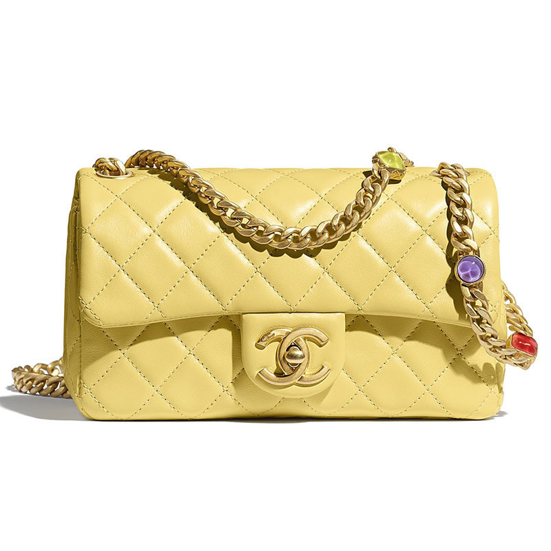 CHANEL Chanel women's bag, new yellow flap diamond checkered crossbody lambskin, precious resin and gold metal, fashiona