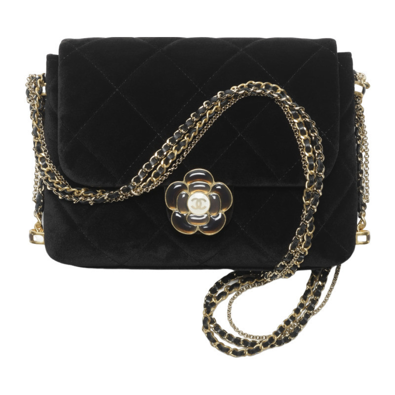 Chanel/Chanel Women's Bag PICCOLA Black Velvet Enamel Flower Buckle Flap Single Shoulder Crossbody
