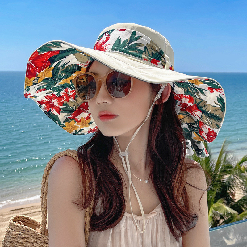 Sun Hat Female Summer Beach Hat UV Protection Seaside Holiday Broad-Brimmed Hat Sun Hat Foldable Summer Hat(-_-)