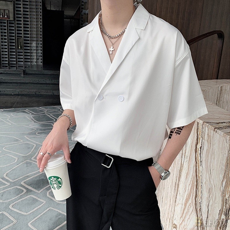 เสื้อเชิ้ตลําลอง คอปก แขนห้าส่วน แบบบาง ทรงหลวม สีพื้น สไตล์เกาหลี แฟชั่นฤดูร้อน สําหรับผู้ชาย SZ083
