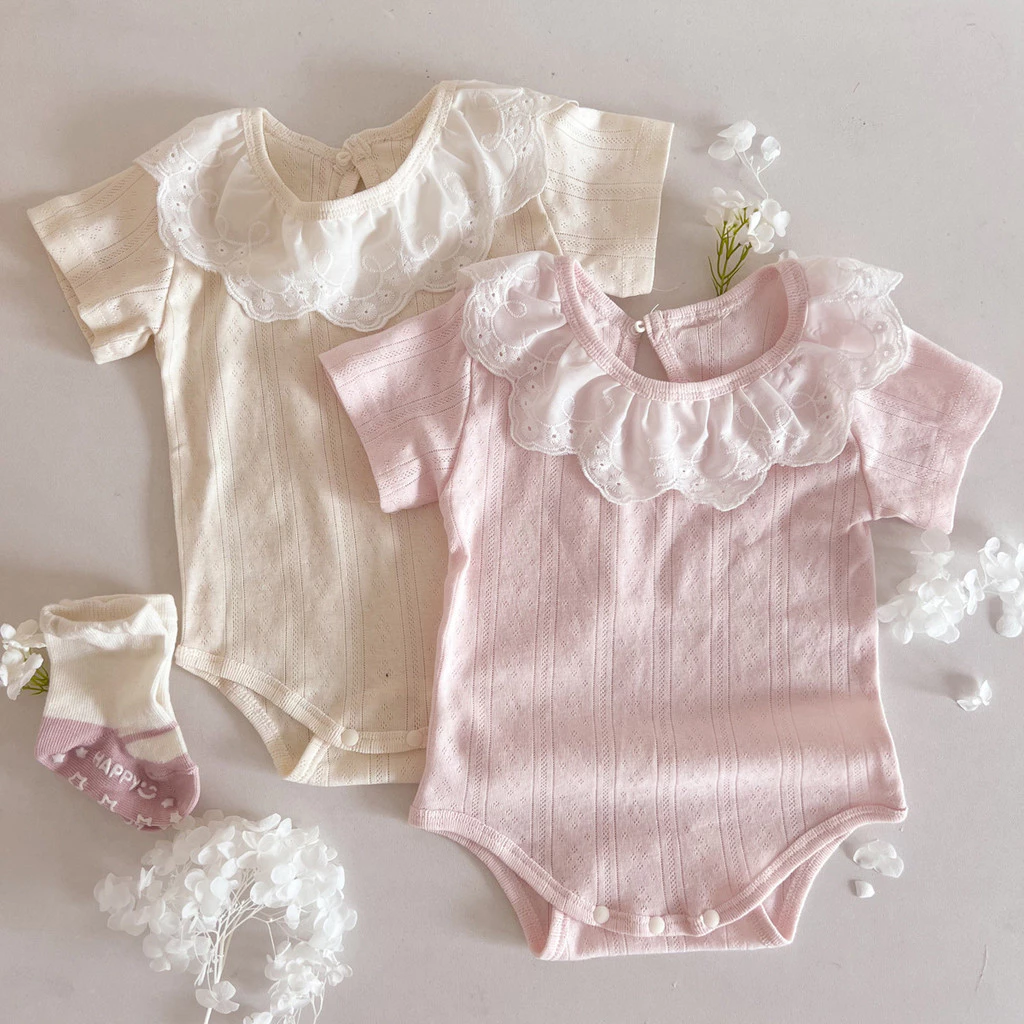 ฤดูร้อนทารกแรกเกิดเสื้อผ้าเด็กทารกชุดบอดี้สูทแขนสั้นลูกไม้ Ruffled Collar เด็กทารก รอมเปอร์เด็กผู้หญิง 0-24 เดือน