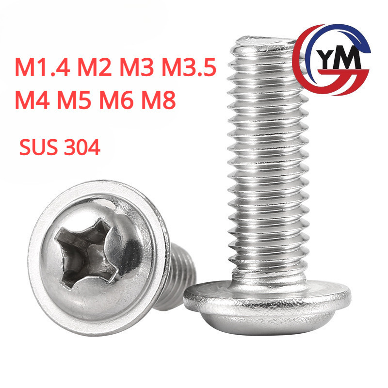 [YMH1] สกรู น็อต JP น็อต สกรู หัวกลม ติดแหวน แฉก JPW+ สเตนเลส 304 เกลียวมิล หยาบ M1.4-M8 / Pan Head Washer SUS304  M1.4-M8