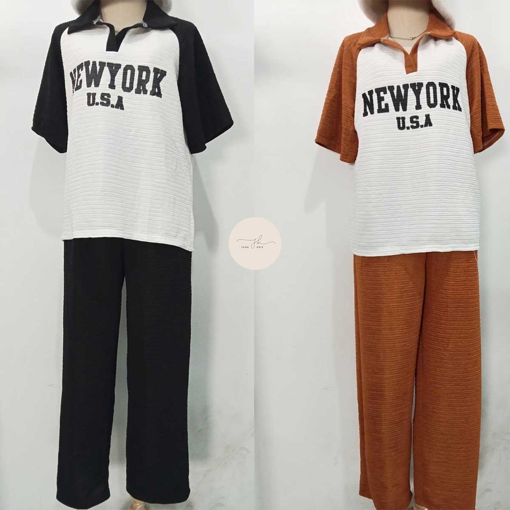 ชุดเซ็ตแฟชั่น 2ชิ้น เสื้อคอปกเเขนสั้นทรงหลวม พร้อมกางเกงขายาว