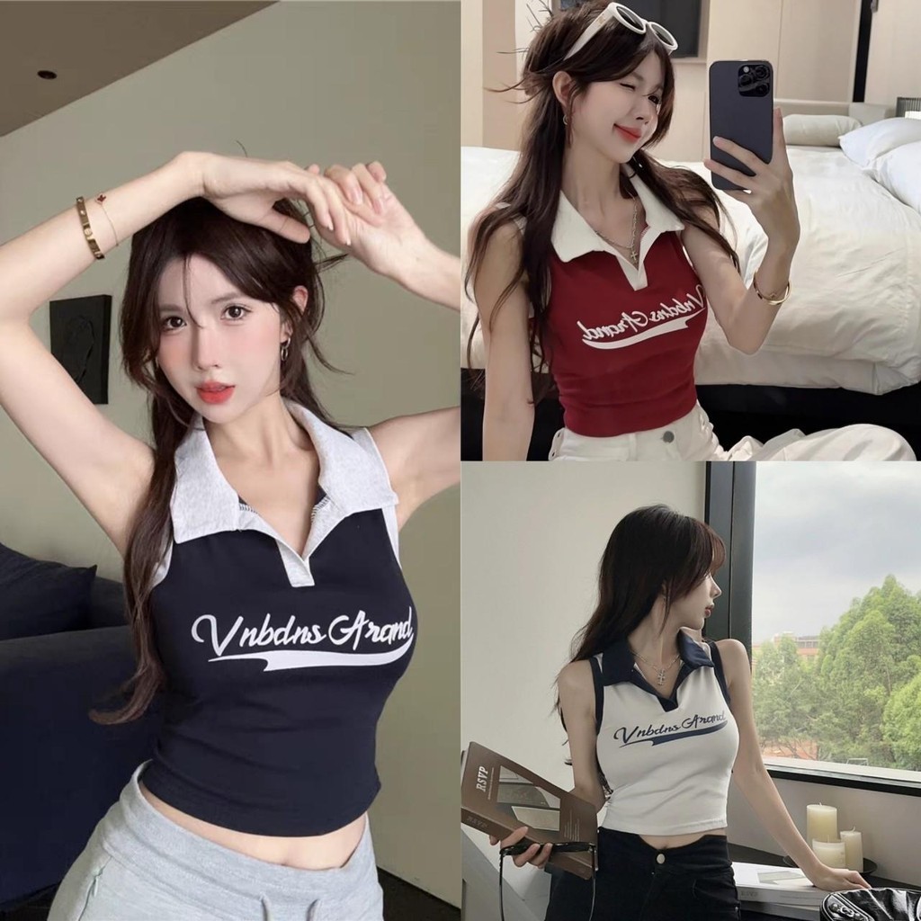Miss Kitty 🔥จัดส่งที่รวดเร็ว🔥 ท่านหญิงเสื้อกล้ามไหมพรมคอปก สามสี เท่ๆมินิมอล *M1932*