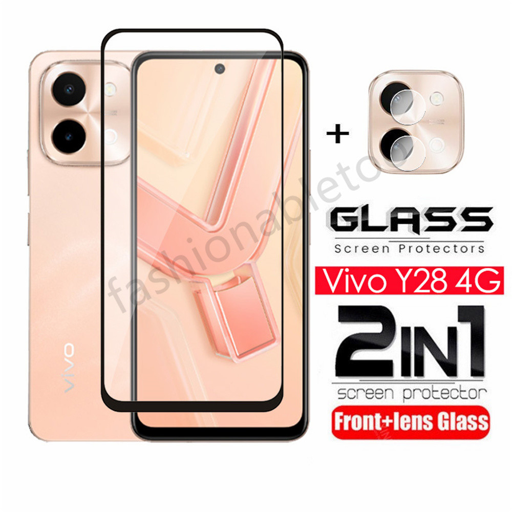 2 in 1 ป้องกันหน้าจอกระจกนิรภัยฟิล์มสําหรับVivo Y200 Y19s Y28s Y18 Y38 Y58 Y03 Y100 Y 28s Y 18 Y 38 Y 03 Y 100 Y 200 กล้องกลับเลนส์ป้องกันกระจกคลุมทั้งหมดฟิล์มด้านหน้า