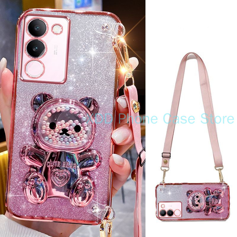 ปลอก Vivo V29 Pro V29E V29 5GกรณีElectroplatingโปร่งใสGlitter 3D Quicksandหมีวงเล็บเคสโทรศัพท์พร้อมCrossbody Lanyard