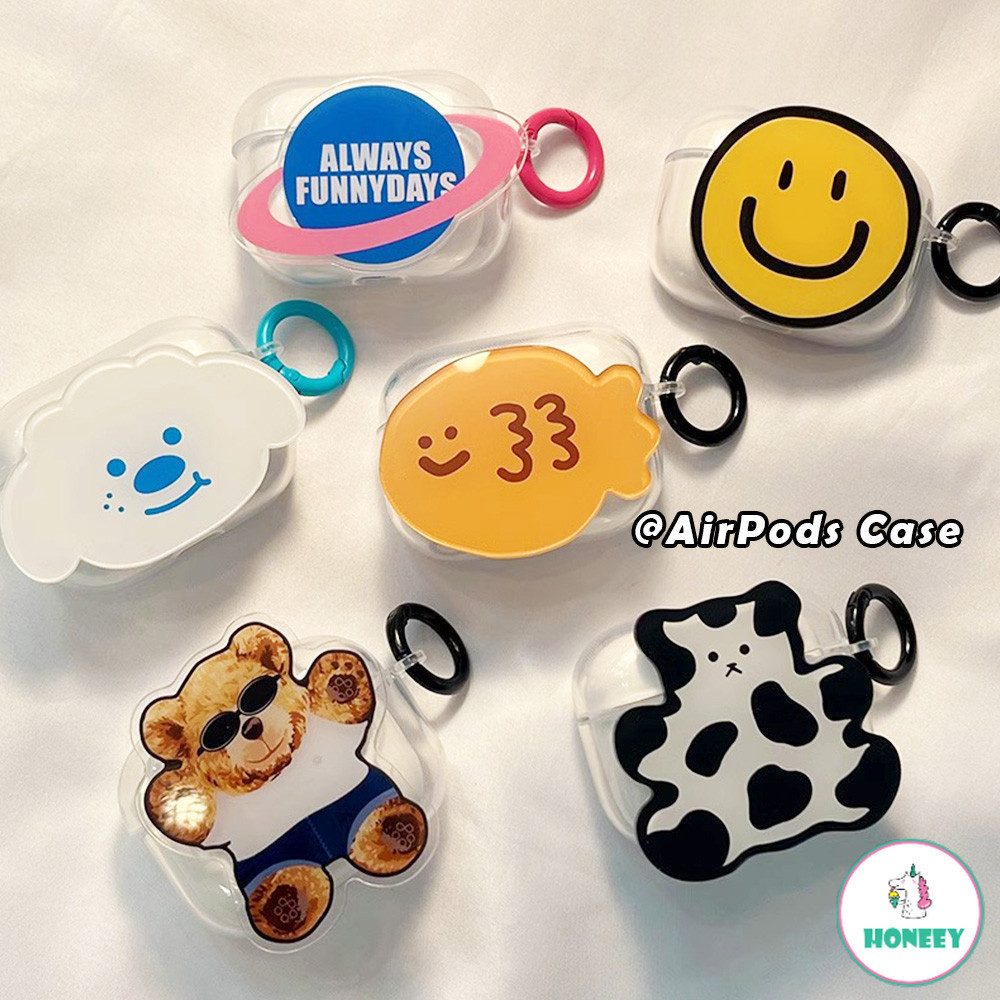 Ins แฟชั่นการ์ตูนหูฟังพร้อมพวงกุญแจสีสําหรับ Airpods 1 2 3 Airpod Pro 2 Smile Face Bear หูฟังไร้สายบลูทูธ Hard Anti-drop ชุดหูฟังฝาครอบป้องกัน