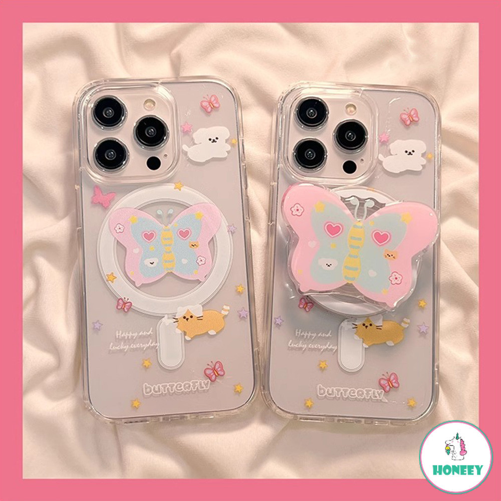 เคสโทรศัพท์มือถือ TPU แข็ง แบบใส กันกระแทก ลายผีเสื้อ สีชมพู สําหรับ Iphone 11 15 14 Pro Max 12 13 Promax XR XS 7Plus 8Plus