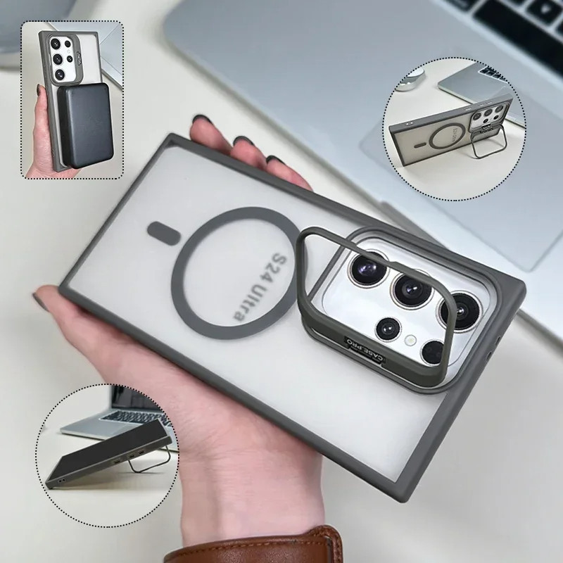 หรูหรา Matte แม่เหล็กที่มองไม่เห็นขาตั้งโปร่งแสงเคสโทรศัพท์สําหรับ Samaung Galaxy S24 S23 S22 Ultra Plus ไร้สายชาร์จกันกระแทก Hard ฝาหลัง
