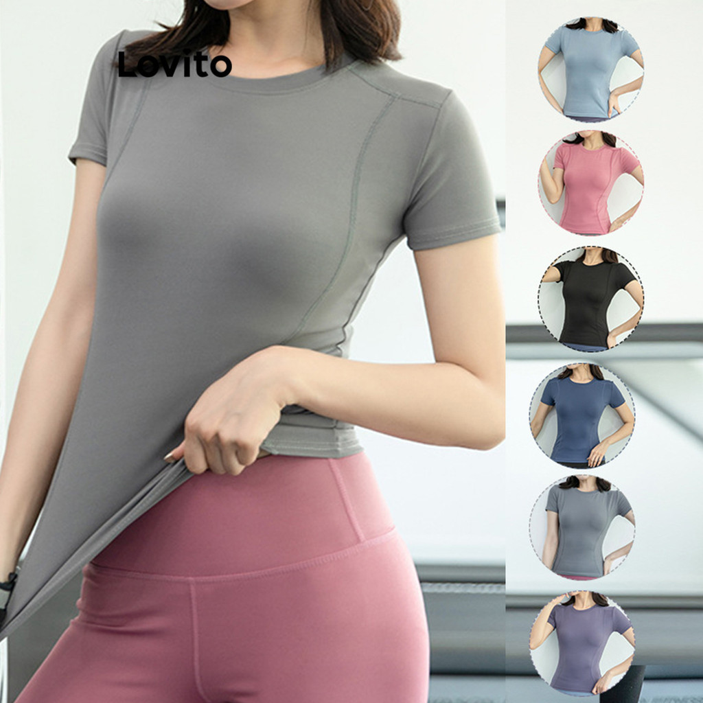 Lovito เสื้อยืดกีฬาผู้หญิง เบสิก สีพื้น สไตล์สปอร์ต LNL50040