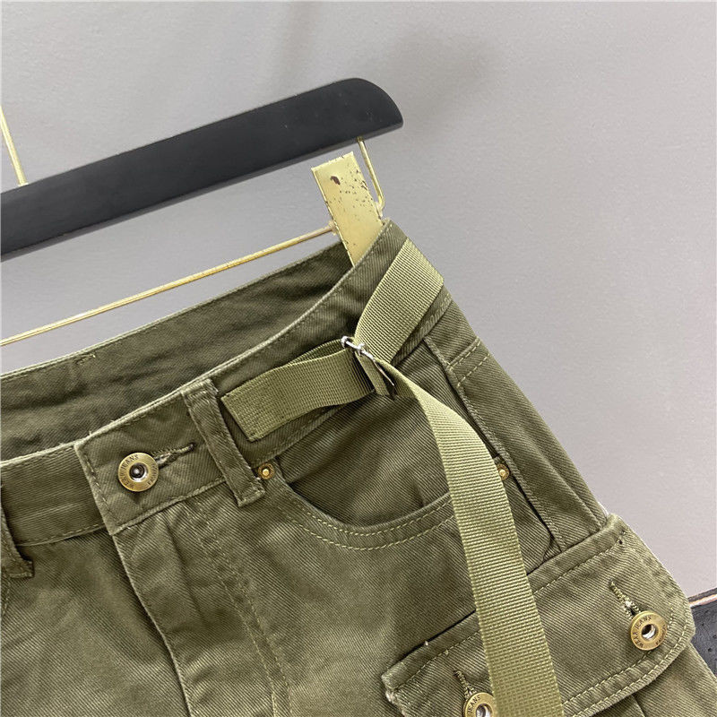 ทหารสีเขียว workwear กระโปรงยีนส์สั้นสำหรับผู้หญิงฤดูร้อนใหม่ป้องกันการสัมผัสเอวสูง A-Line กระโปรงคลุมสะโพก