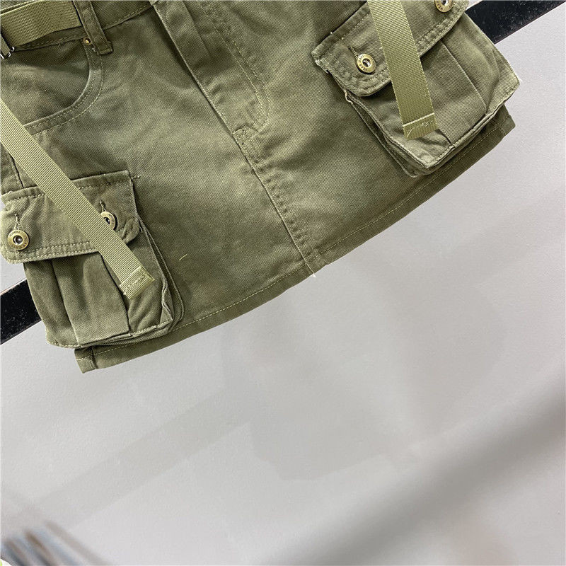 ทหารสีเขียว workwear กระโปรงยีนส์สั้นสำหรับผู้หญิงฤดูร้อนใหม่ป้องกันการสัมผัสเอวสูง A-Line กระโปรงคลุมสะโพก