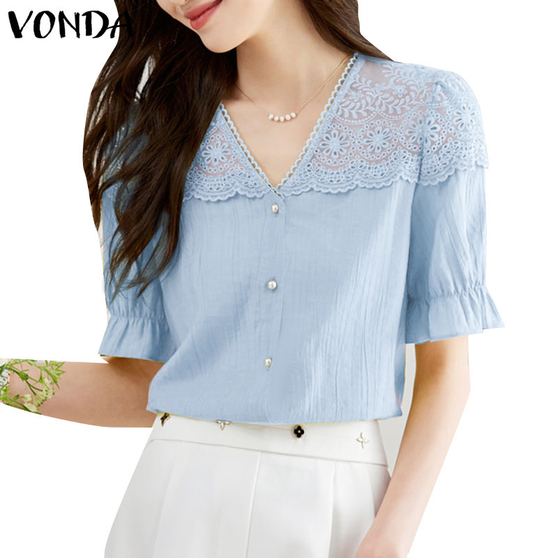 Vonda ผู ้ หญิงเกาหลีลําลองสีทึบแขนสั ้ นหลวมเสื ้ อแฟชั ่ น