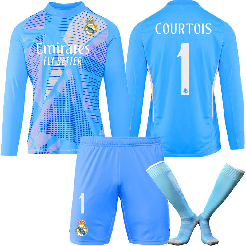 24 เสื ้ อฟุตบอล Thibaut Courtois เสื ้ อผู ้ รักษาประตูหมายเลข 1 I.Casillas เรอัลมาดริดผู ้ รักษาประตูชุดสูทสั ้ นและยาวสีน ้ ําเงิน
