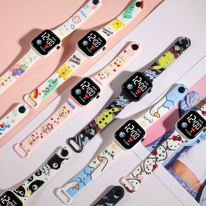 Kawaii Sanrio นาฬิกา Cinnamoroll Melody เด็ก LED Luminous นาฬิกา Kuromi Hello Kitty นักเรียนนาฬิกาข้อมือเด็กของขวัญวันเกิดของเล่น