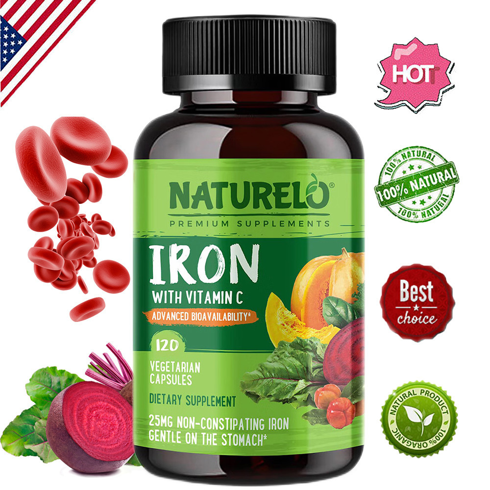 Naturelo อาหารเสริมเหล ็ กมังสวิรัติพร ้ อมวิตามินซีและแคปซูลเหล ็ กอ ่ อนโยนออร ์ แกนิก