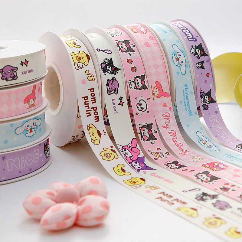 SANRIO 22 M/ม้วนSanrio Seriesริบบิ้นHello Kitty Kuromi My Melody 22 มม.พิมพ์ซาตินริบบิ้นสําหรับของขวัญตกแต่งเค้กน่ารักDIY Accessorie