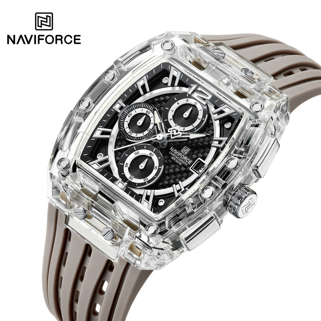 Naviforce ออกแบบใหม่ Tonneau นาฬิกาผู้ชายควอตซ์ Man นาฬิกากันน้ําหรูหรากีฬาประตู montre homme