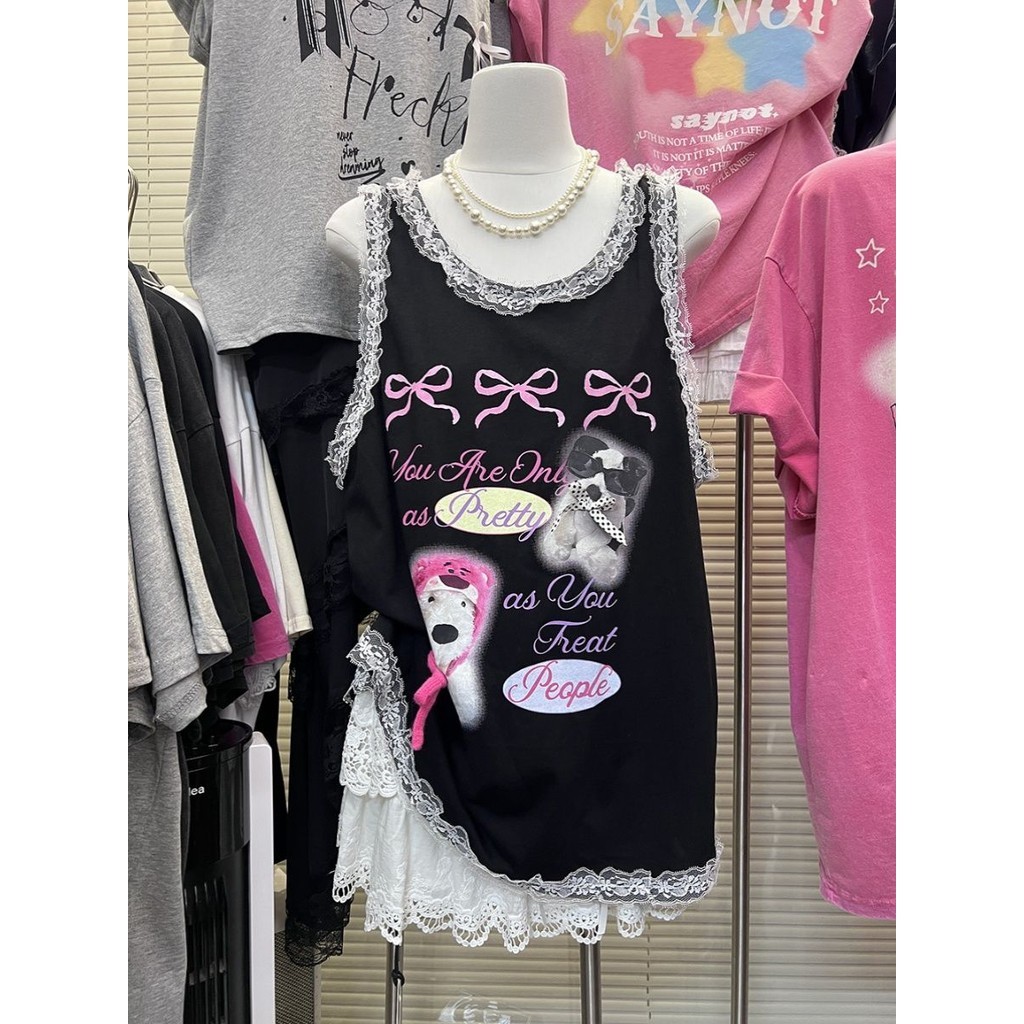 น่ารักฤดูร้อนเสื้อกั๊กแขนกุดสุนัขด้านบนลูกไม้นักเรียนการ์ตูนลูกไม้พิมพ์แฟชั่นหญิงนุ่มสาวสไตล์ญี่ปุ่น เอ็กซ์จี0n