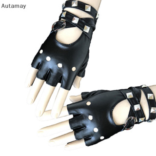 Autamay Womens Leather Half Finger Gloves Punk Rivets Belt G…