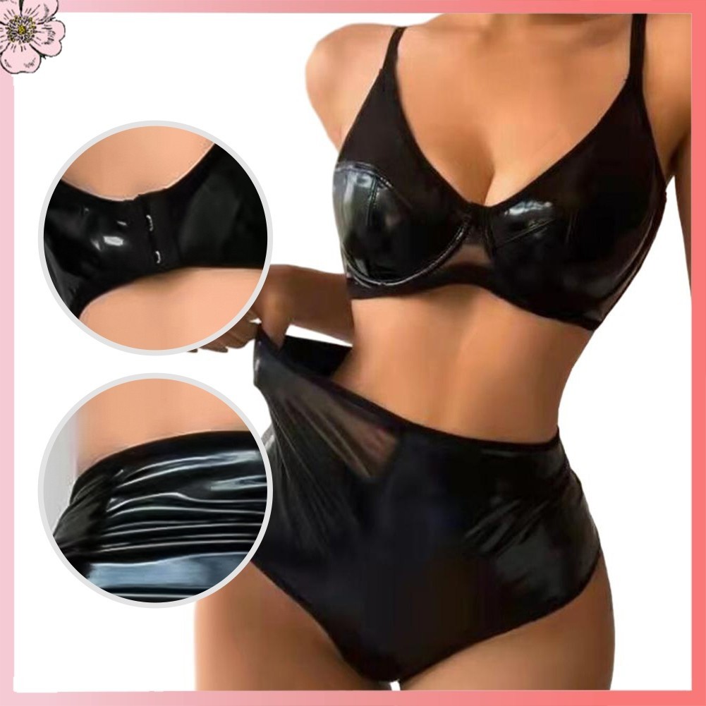 Vot ผู้หญิง PU ชุดชั้นในเซ็กซี่สีดํา 2 ชิ้นชุดแปลกใหม่ Bra Thongs ชุดชั้นในกางเกง